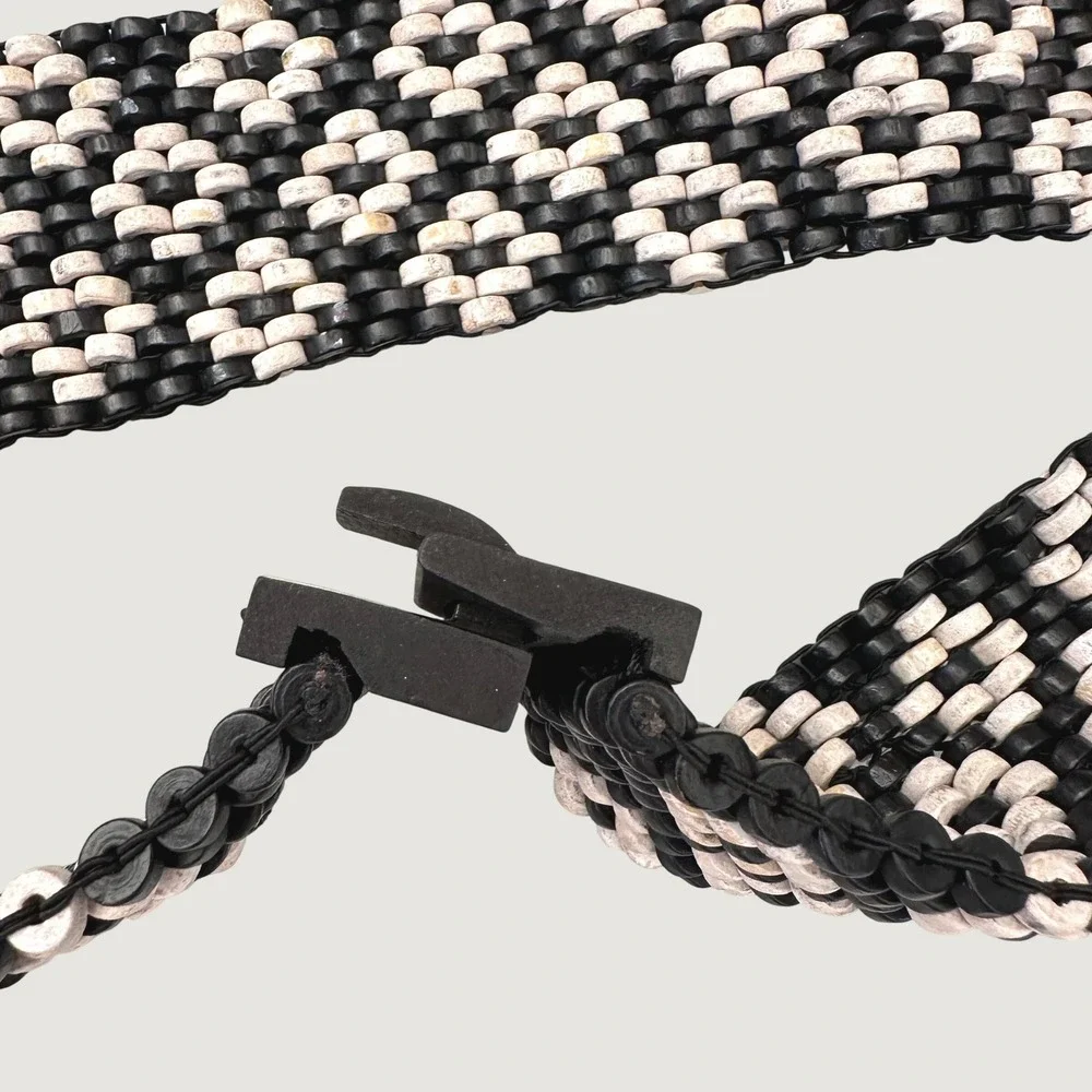Vintage 80s Wide Wood Beaded Stretch Belt Black White Chevron Boho Waist Cinch